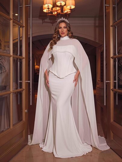 Glamrae Plus Size Elegant Fashion Minimalist White Satin Strapless Corset-Style 2 In 1 Mermaid Tail Long Dress With Detachable Chiffon Shawl, Suitable For Bachelorette Party, Birthday Party, Formal Evening Event, Wedding, Bridal Gown