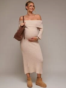SHEIN Maternity Solid Color Off-Shoulder Casual Daily Summer Knit Dress - Khaki - View 3
