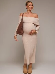 SHEIN Maternity Solid Color Off-Shoulder Casual Daily Summer Knit Dress - Khaki - View 5