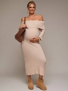 SHEIN Maternity Solid Color Off-Shoulder Casual Daily Summer Knit Dress - Khaki - View 7