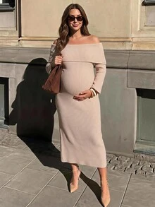 SHEIN Maternity Solid Color Off-Shoulder Casual Daily Summer Knit Dress - Khaki - View 2