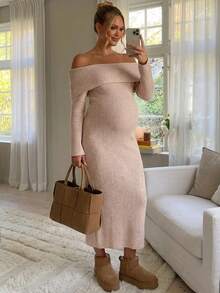 SHEIN Maternity Solid Color Off-Shoulder Casual Daily Summer Knit Dress - Khaki - View 9