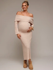 SHEIN Maternity Solid Color Off-Shoulder Casual Daily Summer Knit Dress - Khaki - View 10