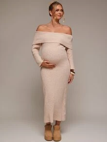 SHEIN Maternity Solid Color Off-Shoulder Casual Daily Summer Knit Dress - Khaki - View 8