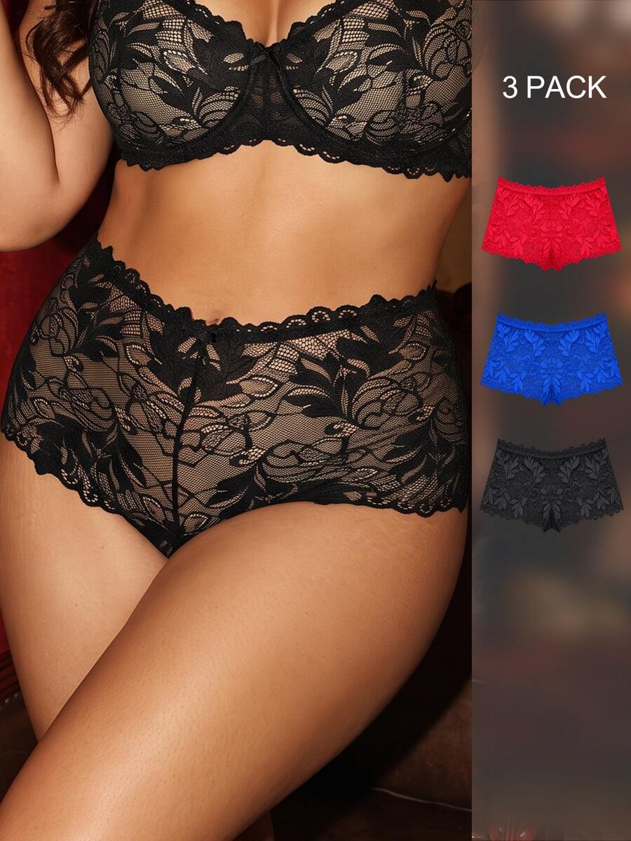 Divavoom 女款大尺碼性感蕾絲內褲 3件組 - 彩色 - 查看 1