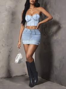 Glamine SHEIN Glamour Women's Denim Rhinestone Fitted Mini Skirt - Blue - View 6