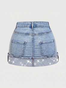 Glamine SHEIN Glamour Women's Denim Rhinestone Fitted Mini Skirt - Blue - View 3