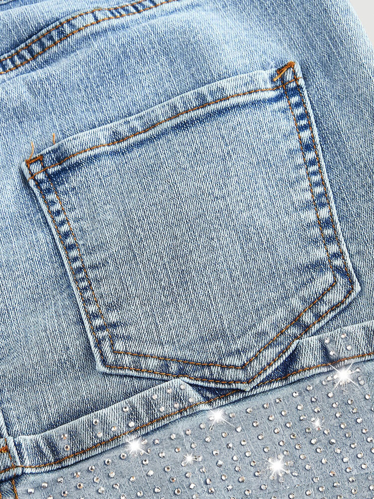 Glamine SHEIN Glamour Women's Denim Rhinestone Fitted Mini Skirt - Blue - View 7