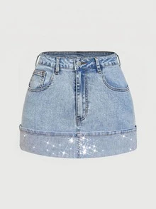 Glamine SHEIN Glamour Women's Denim Rhinestone Fitted Mini Skirt - Blue - View 2