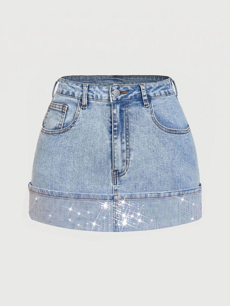 Glamine SHEIN Glamour Women's Denim Rhinestone Fitted Mini Skirt - Blue - View 2