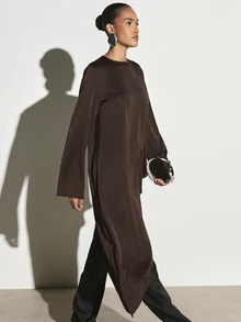 KSTM Asymmetric Longline Satin Blouse With Crew Neck Long Sleeves And Dramatic High-Low Draped Hem For Evening And Occasion Wear - Chocolate Brown - View 5