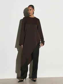 KSTM Asymmetric Longline Satin Blouse With Crew Neck Long Sleeves And Dramatic High-Low Draped Hem For Evening And Occasion Wear - Chocolate Brown - View 3