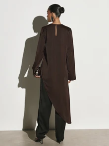 KSTM Asymmetric Longline Satin Blouse With Crew Neck Long Sleeves And Dramatic High-Low Draped Hem For Evening And Occasion Wear - Chocolate Brown - View 2
