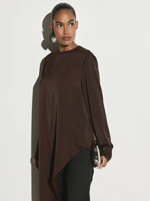 KSTM Asymmetric Longline Satin Blouse With Crew Neck Long Sleeves And Dramatic High-Low Draped Hem For Evening And Occasion Wear - Chocolate Brown - View 4