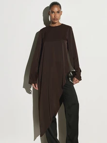 KSTM Asymmetric Longline Satin Blouse With Crew Neck Long Sleeves And Dramatic High-Low Draped Hem For Evening And Occasion Wear - Chocolate Brown - View 1