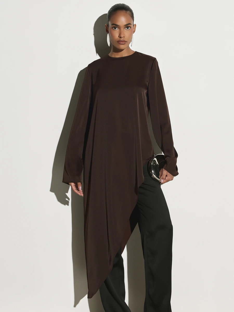 KSTM Asymmetric Longline Satin Blouse With Crew Neck Long Sleeves And Dramatic High-Low Draped Hem For Evening And Occasion Wear - Chocolate Brown - View 1