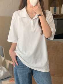 DAZY 蝴蝶結刺繡寬鬆短袖POLO領休閒度假夏季女款T恤校園風 - 白色 - 查看 4