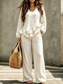 Linhara CURVE Women's Plus Size Casual Round Neck Asymmetrical Ruffle Hem Long Sleeve Shirt And Loose Straight Leg Pants 2-Piece Set, Suitable For Outings And Daily Commute - Apricot - View 3