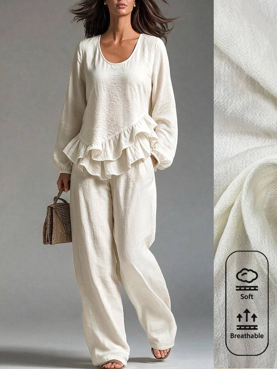 Linhara CURVE Women's Plus Size Casual Round Neck Asymmetrical Ruffle Hem Long Sleeve Shirt And Loose Straight Leg Pants 2-Piece Set, Suitable For Outings And Daily Commute - Apricot - View 1