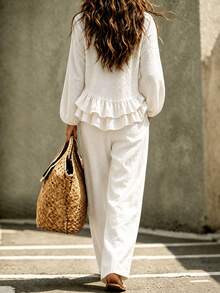 Linhara CURVE Women's Plus Size Casual Round Neck Asymmetrical Ruffle Hem Long Sleeve Shirt And Loose Straight Leg Pants 2-Piece Set, Suitable For Outings And Daily Commute - Apricot - View 2
