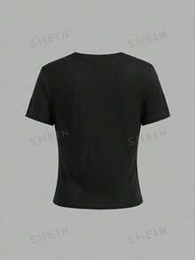 Kaos Remaja Perempuan Slim Fit Kasual Minimalis Nyaman Kerah Bulat Ketat Lengan Panjang Pendek Cocok untuk Musim Panas - MultiWarna - View 4