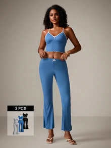 DreamPoppy 3pcs/Set Women Solid Color Ruffle Trim Bow Camisole Top & Pants Pajama Set - Multicolor - View 1
