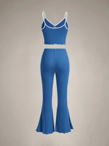 DreamPoppy 3pcs/Set Women Solid Color Ruffle Trim Bow Camisole Top & Pants Pajama Set - Multicolor - View 5