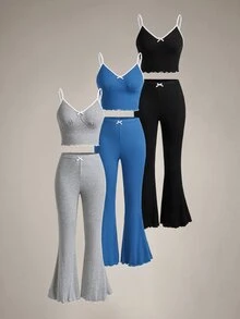 DreamPoppy 3pcs/Set Women Solid Color Ruffle Trim Bow Camisole Top & Pants Pajama Set - Multicolor - View 2
