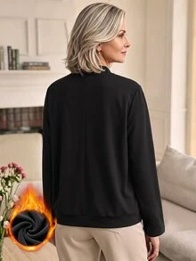 Louniche Women's Autumn/Winter Thermal-Lined Daily Base Layer Outerwear Mock Neck Lace Patchwork Knit Long Sleeve T-Shirt - Black - View 2