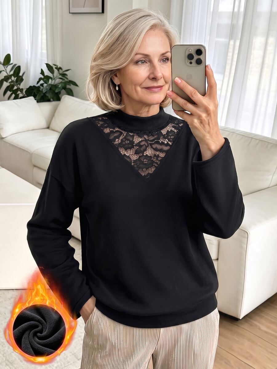 Louniche Women's Autumn/Winter Thermal-Lined Daily Base Layer Outerwear Mock Neck Lace Patchwork Knit Long Sleeve T-Shirt - Black - View 1