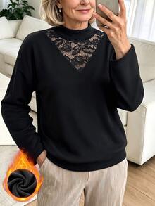 Louniche Women's Autumn/Winter Thermal-Lined Daily Base Layer Outerwear Mock Neck Lace Patchwork Knit Long Sleeve T-Shirt - Black - View 3
