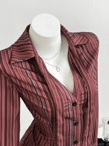 Elamini 秋季辣妹通勤條紋領口收腰襯衫附領結 - 棕色 - 查看 7