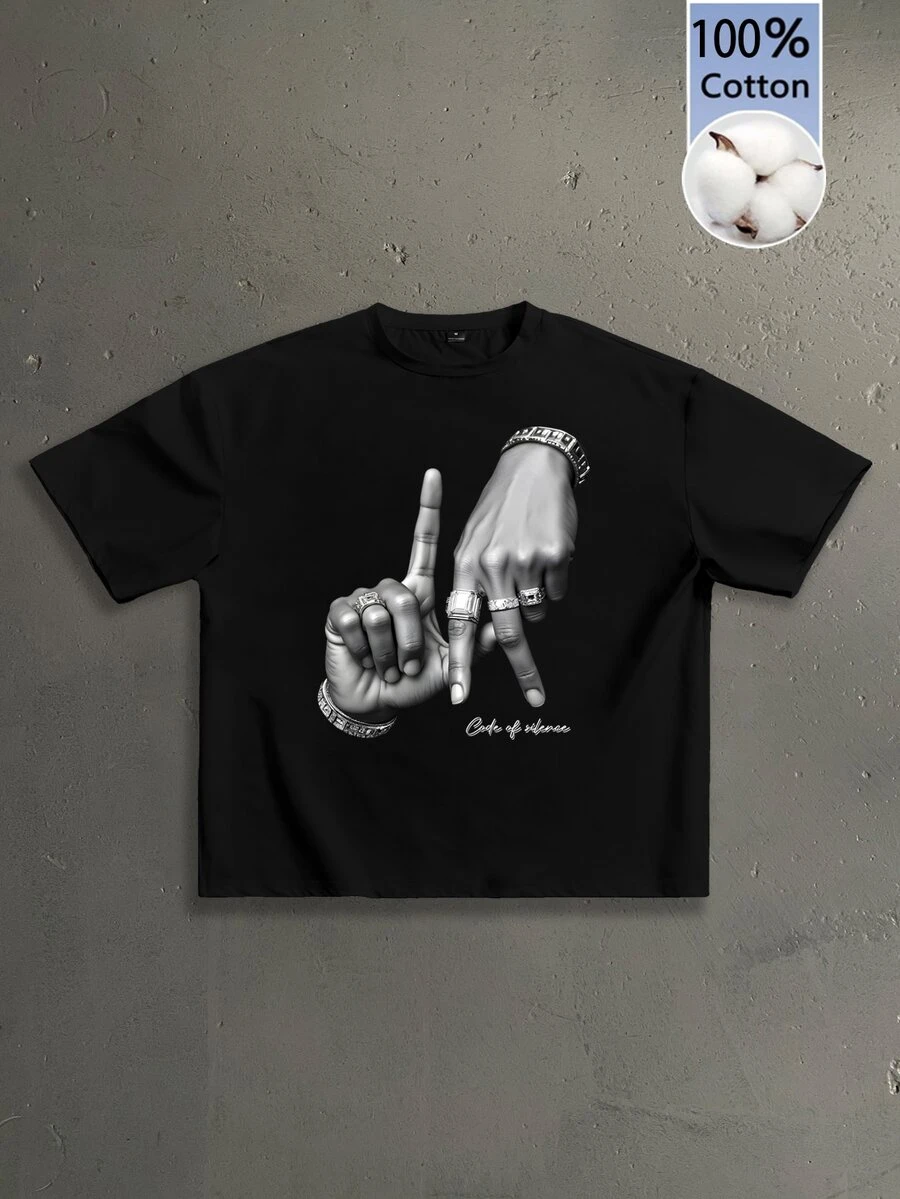 StoneGrade Los Angeles LA 字母手勢 Logo 時尚街頭風男士黑色落肩寬鬆短袖 T 恤 - 黑色 - 查看 1