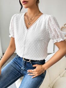 SHEIN V-Neck Jacquard Blouse,Short Sleeve Tops - White - View 5