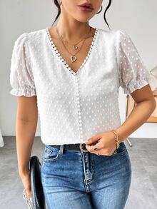SHEIN V-Neck Jacquard Blouse,Short Sleeve Tops - White - View 7