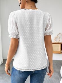 SHEIN V-Neck Jacquard Blouse,Short Sleeve Tops - White - View 2