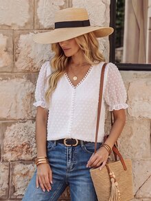 SHEIN V-Neck Jacquard Blouse,Short Sleeve Tops - White - View 3