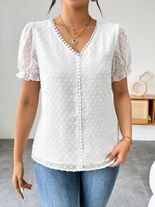 SHEIN V-Neck Jacquard Blouse,Short Sleeve Tops - White - View 4