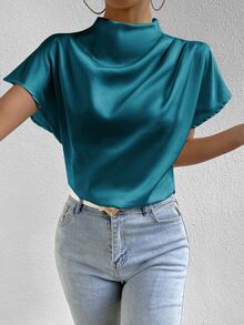 SHEIN Solid Color Round Neck Batwing Sleeve Casual Shirt,Short Sleeve Tops - Teal Blue - View 7
