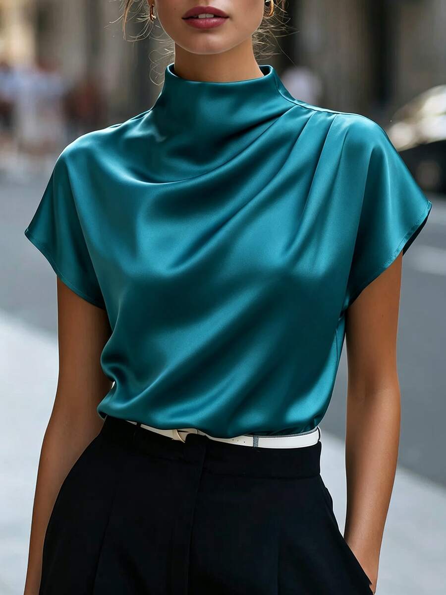 SHEIN Solid Color Round Neck Batwing Sleeve Casual Shirt,Short Sleeve Tops - Teal Blue - View 1