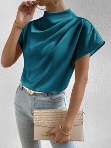 SHEIN Solid Color Round Neck Batwing Sleeve Casual Shirt,Short Sleeve Tops - Teal Blue - View 6