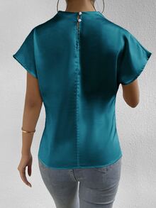 SHEIN Solid Color Round Neck Batwing Sleeve Casual Shirt,Short Sleeve Tops - Teal Blue - View 2