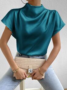 SHEIN Solid Color Round Neck Batwing Sleeve Casual Shirt,Short Sleeve Tops - Teal Blue - View 5
