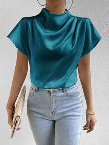 SHEIN Solid Color Round Neck Batwing Sleeve Casual Shirt,Short Sleeve Tops - Teal Blue - View 4