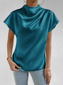 SHEIN Solid Color Round Neck Batwing Sleeve Casual Shirt,Short Sleeve Tops - Teal Blue - View 3