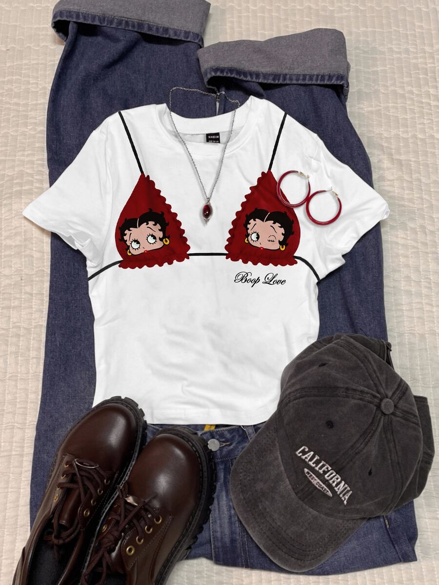Attitoon Betty Boop x SHEIN Casual Minimalist Cartoon Print Plus Size T-Shirt For Summer - Multicolor - View 1