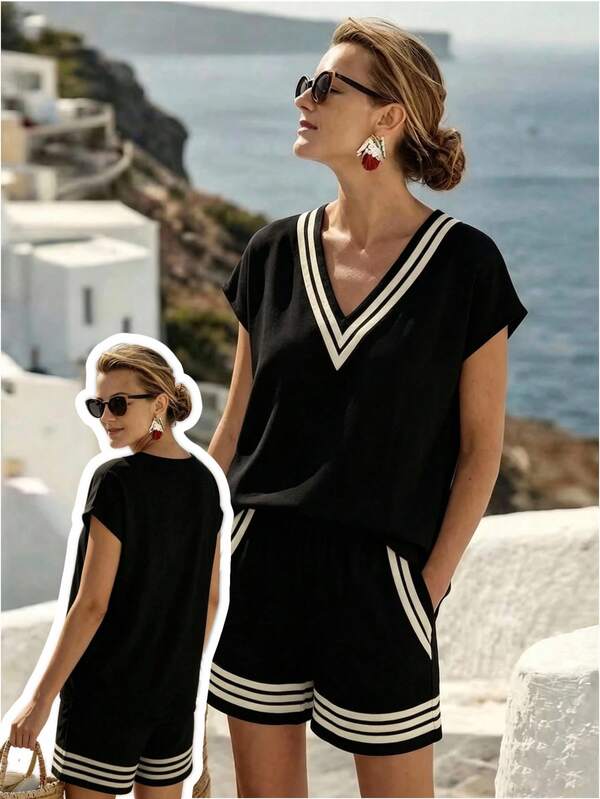 Breezaya Plus Size Women's Black & White Striped Summer Casual Vacation 2-Piece Shorts Set, Bohemian Loose High Waist Beach Outfit, Knit T-Shirt And Woven Shorts 2-Piece Set