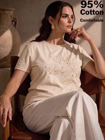 Anewsta Plus Size Women's Elegant Casual White Short Sleeve T-Shirt With Embroidered Pearls For Formal Party Wedding Guest Vacation