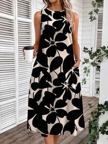 SHEIN LUNE Women's Casual Beige Floral Print Mid-Length Dress, Suitable For Spring/Summer Holiday,Sun Dresses Women,Shirt Chic Vacation ,Country Dress - Multicolor - View 7