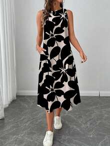 SHEIN LUNE Women's Casual Beige Floral Print Mid-Length Dress, Suitable For Spring/Summer Holiday,Sun Dresses Women,Shirt Chic Vacation ,Country Dress - Multicolor - View 4